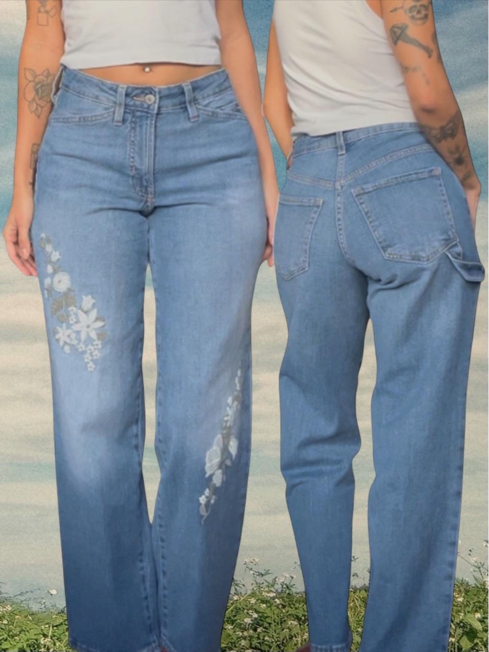 Old Navy Light Wash High-Waisted OG Loose Floral Embroidered Carpenter Jeans